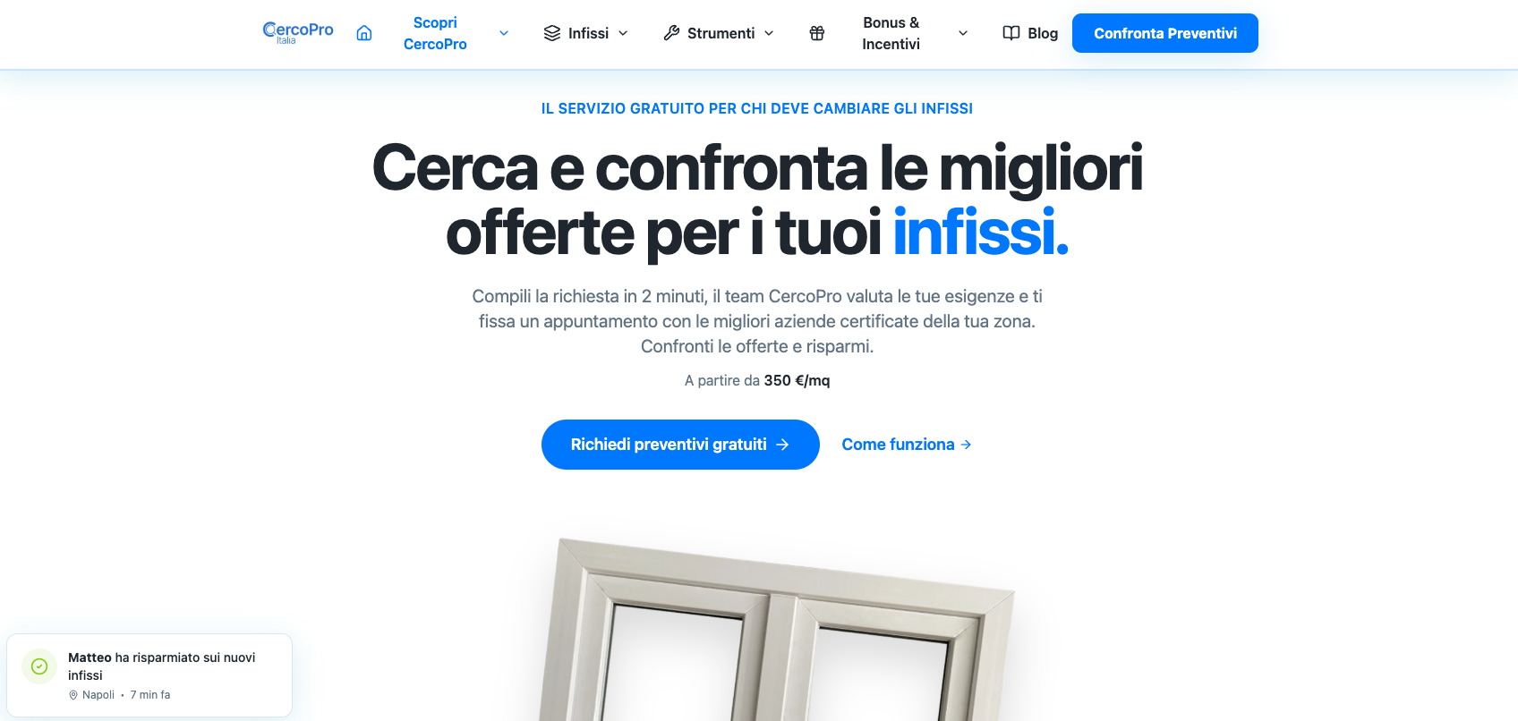 Schermata del portale CercoPro Italia